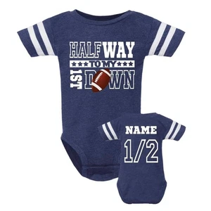 Personalize Halfway to My first Down jersey style bodysuit Football 1/2 Birthday - Picture 1 of 8