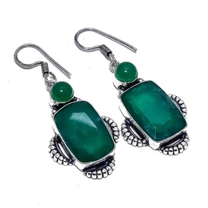 Emerald, Green Onyx Lab-Created Gemstone 925 Sterling Silver Earring 2.1" h754 - Picture 1 of 8