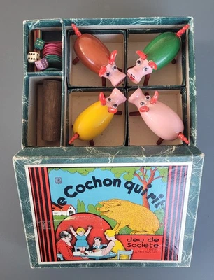 ancien et complet coffret boite 4 cochon qui rit en bois 4 joueurs jeu societe - Photo 1/4
