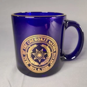Seal Of The Cherokee Nation Sept 6, 1839 Cobalt Blue Glass Gold Rimmed Mug EUC - Picture 1 of 6