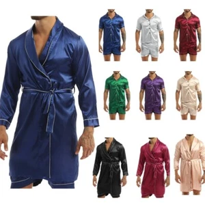 Mens Silk Satin Pajamas Set Short Sleeve Shirts Top Pants Sleepwear Underwear - Picture 1 of 66