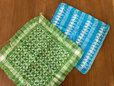 2 - Винтажный наволочка зеленый синий белый имбирь хлопчатобумажной ткани со сборками 90% сделано - Изображение 1 из 4