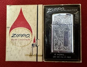 Vintage 1983 Slim Zippo Lighter Venetian Chrome w/Box & Literature (small dent) - Picture 1 of 12