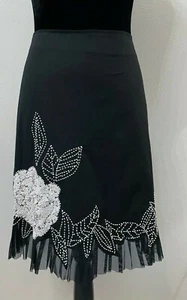 Cache Womens Sequin Beaded Floral Fit & Flare Skirt Size 0 Black Cotton Stretch - Picture 1 of 12
