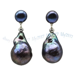 HUGE 16-20MM REAL NATURAL BLACK KESHI BAROQUE PEARL DANGLE SILVER STUD EARRINGS - Picture 1 of 6