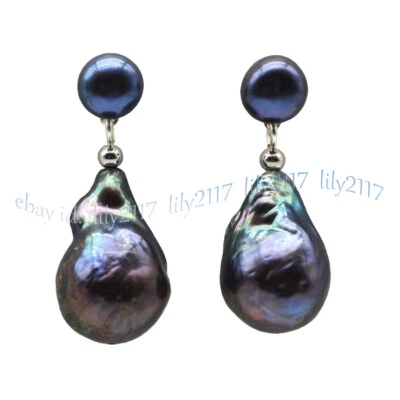 HUGE 16-20MM REAL NATURAL BLACK KESHI BAROQUE PEARL DANGLE SILVER STUD EARRINGS - Image 1 of 4