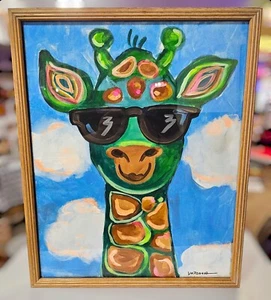 Giraffe With Sunglasses Original Canvas Painting Signed Framed Colorful - Picture 1 of 7