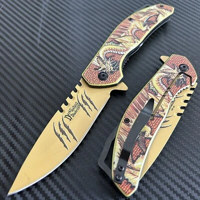 Navaja de Bolsillo Abierta Asistida 8.75” Dragón Dorado Táctico Grabado Spirng Foto 1 de 4