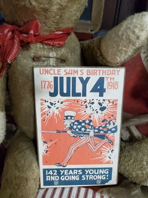 VINTAGE COLONIAL PRIMITIVE STYLE AMERICAN UNCLE SAM BIRTHDAY JULY 4 WOOD SIGN - Image 1 of 4
