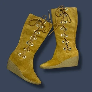 Michael Kors Size 10 Tan Suede Tan Lace Up Mid Calf Bohemian Wedge Sole Boots - Picture 1 of 9