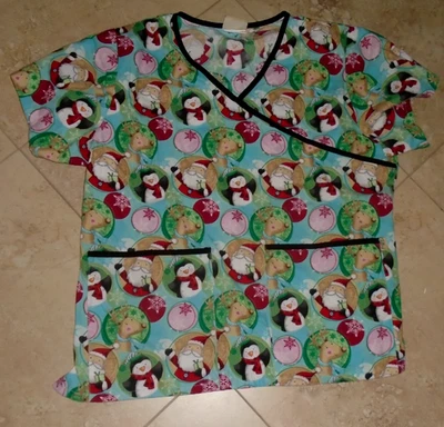 Santa Reindeer Snowman Penguins Christmas Scrub Uniform Top Adult L Large - Image 1 of 2