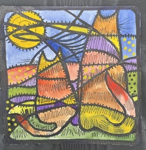 4x4” Original Pamela Wilhelm Watercolor & Ink patchwork, cat, and kitten Moon - Picture 1 of 1