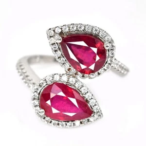 925 STERLING SILVER PIGEON BLOOD RED RUBY PEAR 10X7 MM. WHITE CZ RING SIZE 7 - Picture 1 of 10