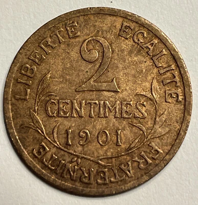 Moneda de 2 céntimos Francia 1901, bronce con envío gratuito Foto 1 de 2