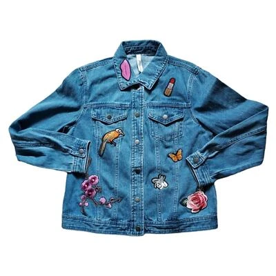 NY Collection Snap Denim Jacket With Appliqués and Embroidered Designs Sz Med    - Image 1 of 4