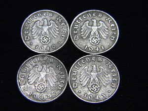 Four (4) WWII German Reichspfennig Coins Dated 1940, 1941, 1942 &1943 - Picture 1 of 12