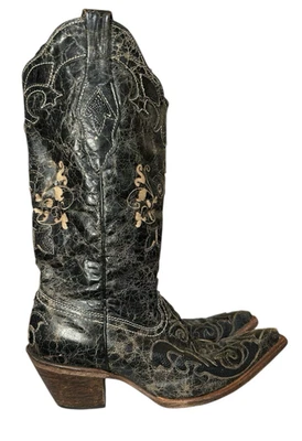 Corral Vintage Inlay Lizard Distressed Leather Black Cowboy Boots Womens 7 M - Image 1 of 4