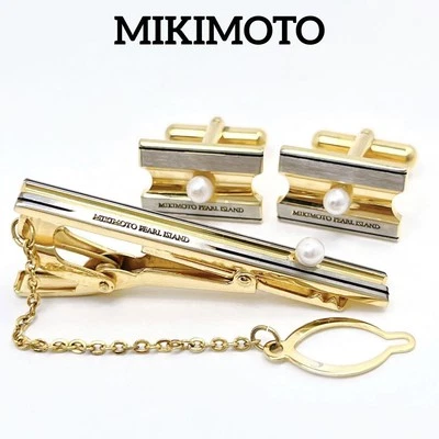 Barra de corbata y gemelos MIKIMOTO perla clip plateado Foto 1 de 4