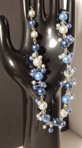 Collana dichiarazione perle palline tono argento blu e argento con prolunga 20" - Foto 1 di 7