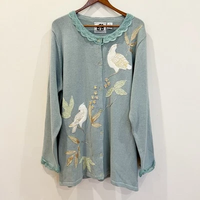 Cárdigan de punto Storybook para mujer 3X azul bordado palomas pájaros caprichoso novedad Foto 1 de 4