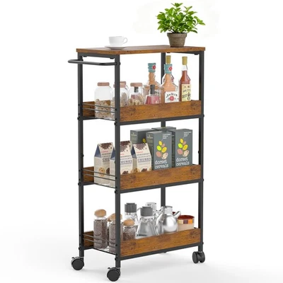 4 Tier Rolling Storage Cart Utility Cart with Handle Metal Frame with Wood To... - Image 1 of 4