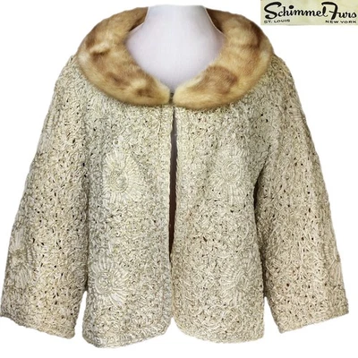 Chaqueta de pieles Schimmel vintage de los años 50 cinta soutache crema encaje cuello de piel genuina Foto 1 de 4