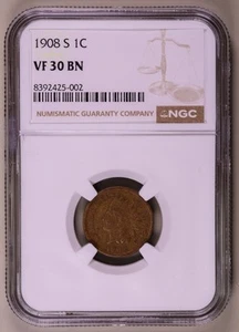 1908-S Indian Cent NGC VF30BN ***RARE ORIGINAL SAN FRANCISCO COIN*** - Picture 1 of 4