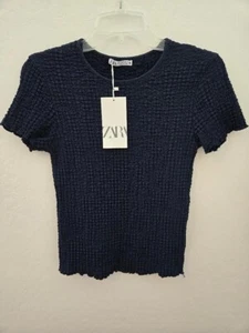ZARA Navy Short Sleeve Top Crinkle Effect Round Neck Fashion Size S NWT - Picture 1 of 2