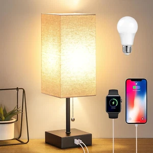 Bedside Table Lamp, Pull Chain Table Lamp with USB C+A Charging Ports, 2700K LED - Picture 1 of 9