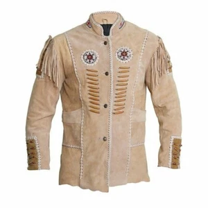 Men's Western Wear Cowboy Native Style Suede Leather Jacket with Fringes & Beads - Picture 1 of 4