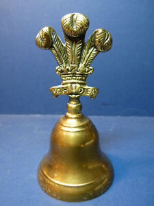 Brass Hand Bell Prince Wales Feathers Small Vintage Antique