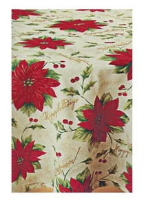 Holly Poinsettia Tablecloth 60 x 84 Rectangle Oblong Christmas Decorating Dining - Picture 1 of 5
