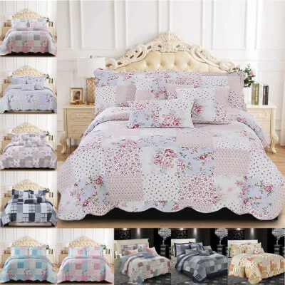 3 PCS Patchwork Bedspread Quilted Bed Throw Single Double King Size Bedding Set - Image 1 of 4