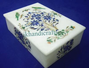 8" Marble Jewelry Box Lapis Lazuli Parrot Floral Inlaid Tuesday Giving Decor - Picture 1 of 3