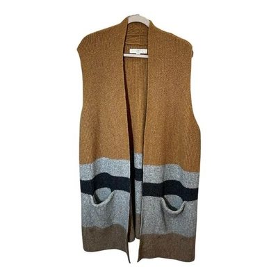 LOFT Plus Women's Colorblock Open Front Long Wool Sweater Vest Size 20 Tan Gray  - Image 1 of 4