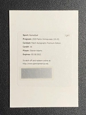 2019-20 Panini Immaculate Steven Adams Patch Auto Premium Edition Auto /14 - Image 1 of 2