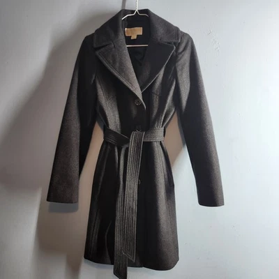Michael Kors Womens Jacket XS Gray Wool Blend Belted Coat W Pockets - Image 1 of 4