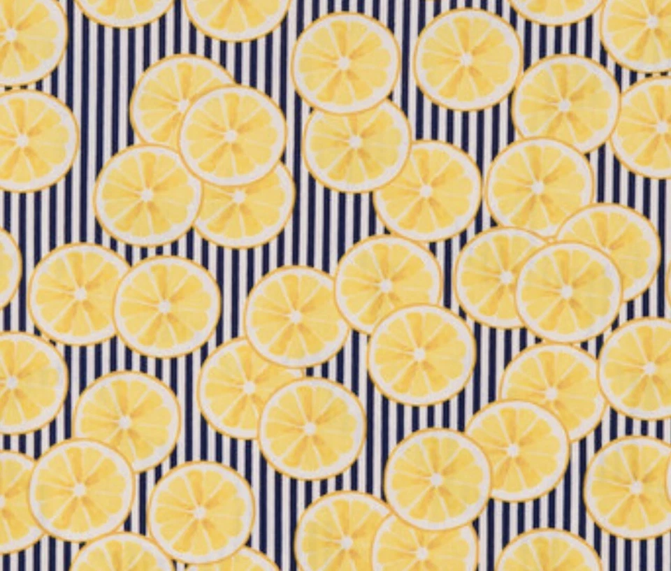 Lemon Slices On Navy Blue Stripes Table Runner, Decoration, 42” Long  X 14” Wide - Image 1 of 1