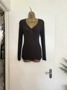 H&M size Extra Small XS 6 / 8 Khaki Brown Long V-neck Knit Jumper Sweater Top - Picture 1 of 3
