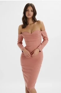 Lavish Alice - LILA BARDOT DRAPED BUST BODYCON MIDI DRESS IN ROSE PINK SIZE UK18 - Picture 1 of 4