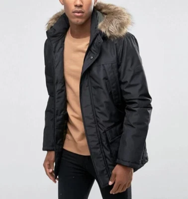 New Jack & Jones Core Parka Jacket with Faux Fur Hood Black XL RRP £180 - Image 1 of 4