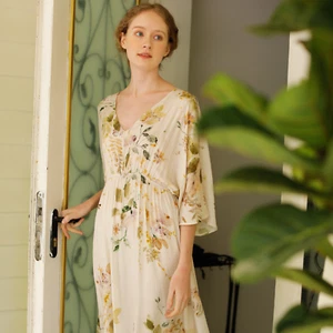 Floral Print V-neck Lounge Dress for Women Pajamas Comfy Home Wear Bridesmaid - Picture 1 of 11