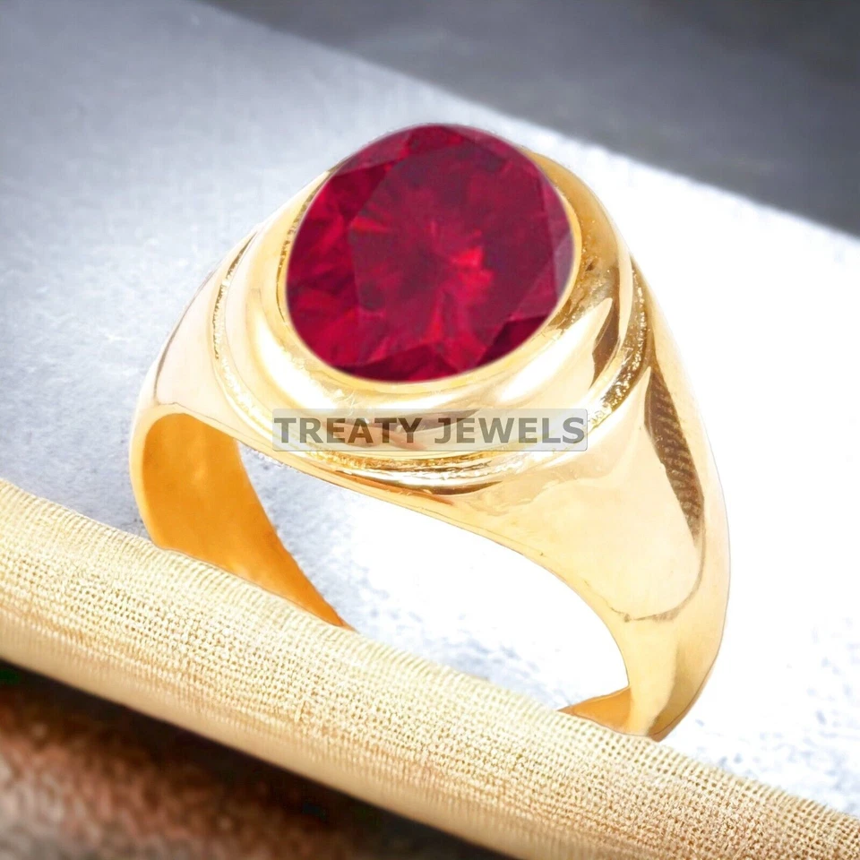 Ruby Oval Cut With 925 Sterling Silver Gold Plated Ring For Men's #A515 - Image 1 of 4