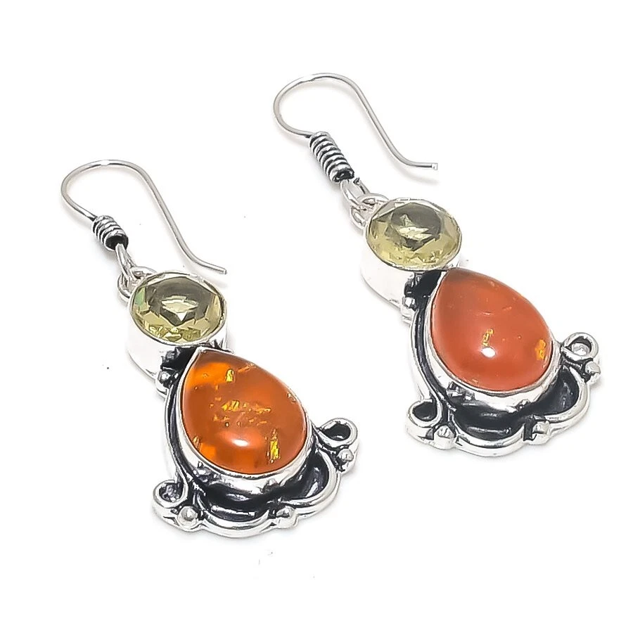 Baltic Amber Gemstone Handmade 925 Sterling Silver Jewelry Earring Size 1.95" - Image 1 of 1