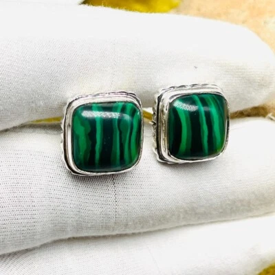 Шикарные запонки из малахита и чистого серебра — ювелирные изделия с зелеными драгоценными камнями-подушками - Изображение 1 из 4