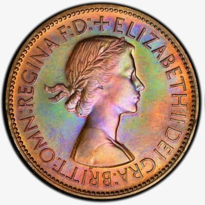 PR63BN 1953 Great Britain 1 Cent Proof, PCGS Trueview- Rainbow Toned - Image 1 of 4