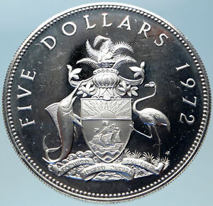 1972 BAHAMAS HUGE PIRATE DEFEAT MOTTO Genuine Proof Silver 5 Dollars Coin i82383