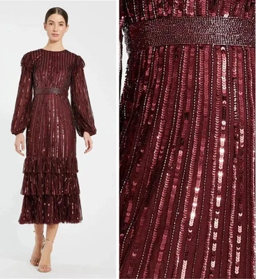 Vestido midi Mac Duggal 23003 rojo 6 manga larga detalle volantes lentejuelas borgoña nuevo con etiquetas Foto 1 de 4