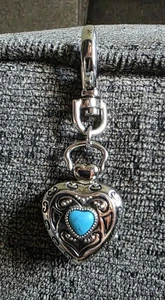 3" Pocket Keychain Watch Heart Shaped Hinged Silver Tone Turquoise Blue  - Picture 1 of 5