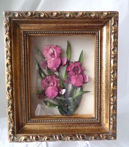 Vintage Bearded Irises Flowers 3D Shadow Box Layered Art Picture Wood Frame 6" - Picture 1 of 18